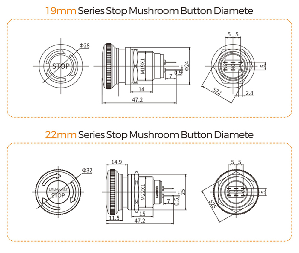 Metal Mushroom Emergency Stop Push Button Switch 19mm 22mm Momentary