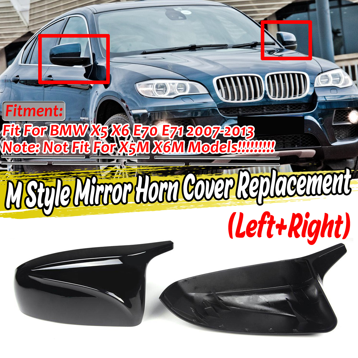 Glossy Black M Style Rear View Mirror Cap Cover Replacement Pair For