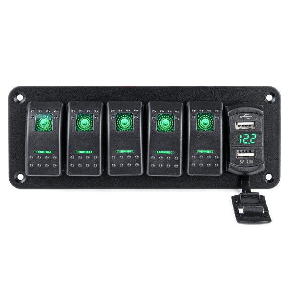 4/5/6 Gang Green Rocker Switch Panel Circuit Breaker LED Waterproof Car Marine