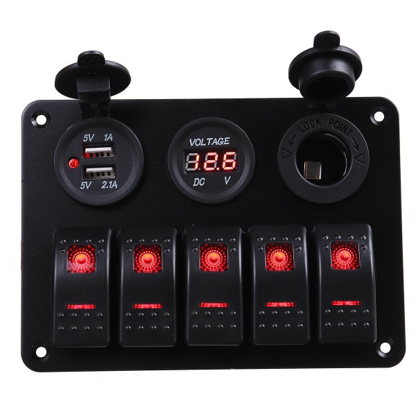 5 Gang Dual USB 12V On-Off LED Switch Panel Voltmeter Car Boat Marine RV Truck ON-OFF