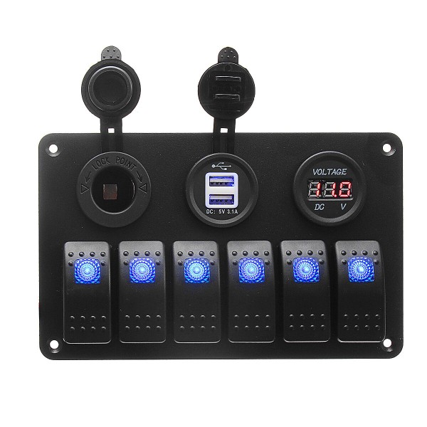 6 Gang LED Rocker Switch Panel Volt Meterr Dual Usb Power Charger Marine Boat RV