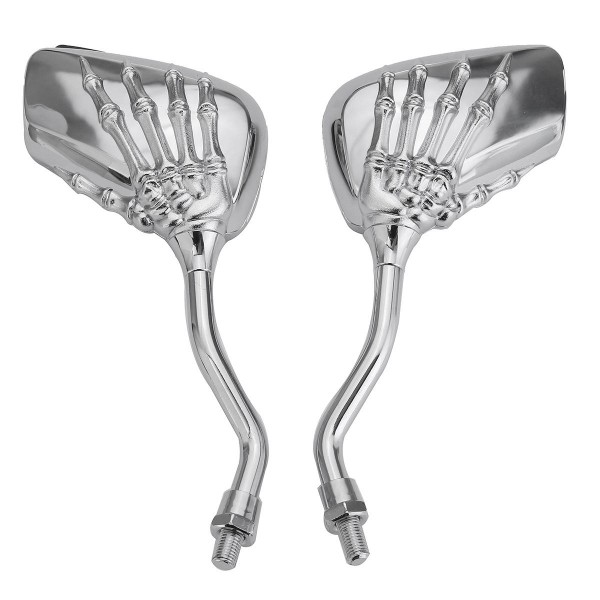 Pair 8mm Motorcycle Mirror Bone Skeleton Hand Universal Chrome/Black