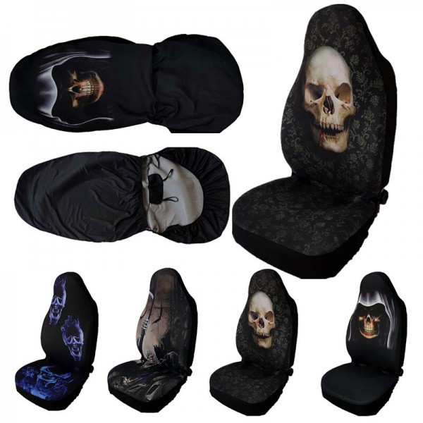 Single Car Front Seat Covers Skull pattern Printed Auto Interior Design Universa