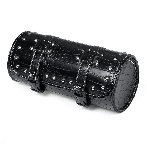 Motorcycle Barrel Shaped Punk Tool Bag Front Fork Barrel Handlebar Roll Side Stroge Saddlebag Black With Chrome Studs