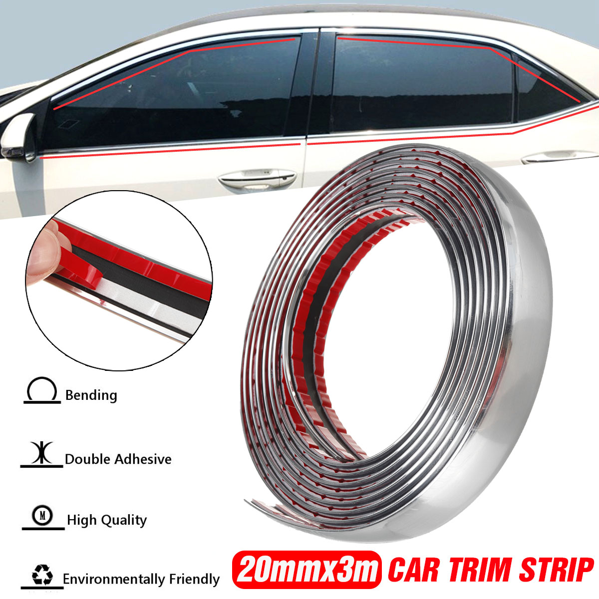 20mmx3m Chrome Car Molding Trim Door Body Side Roof Decorate Strip ...