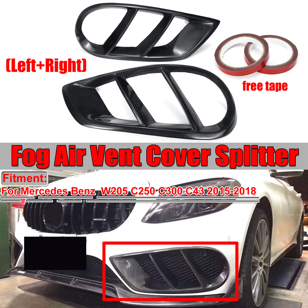 Front Bumper Grill Fog Light Cover Carbon Fiber For Mercedes W