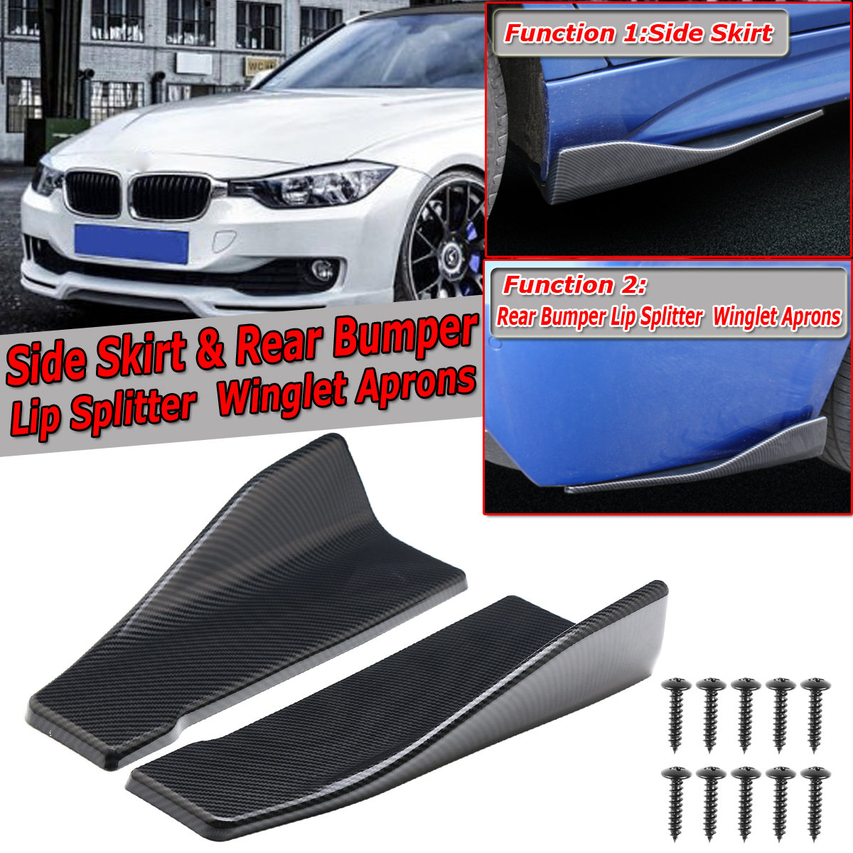 2pcs 35cm Carbon Fiber Universal Car Side Skirt Rear Bumper Lip ...