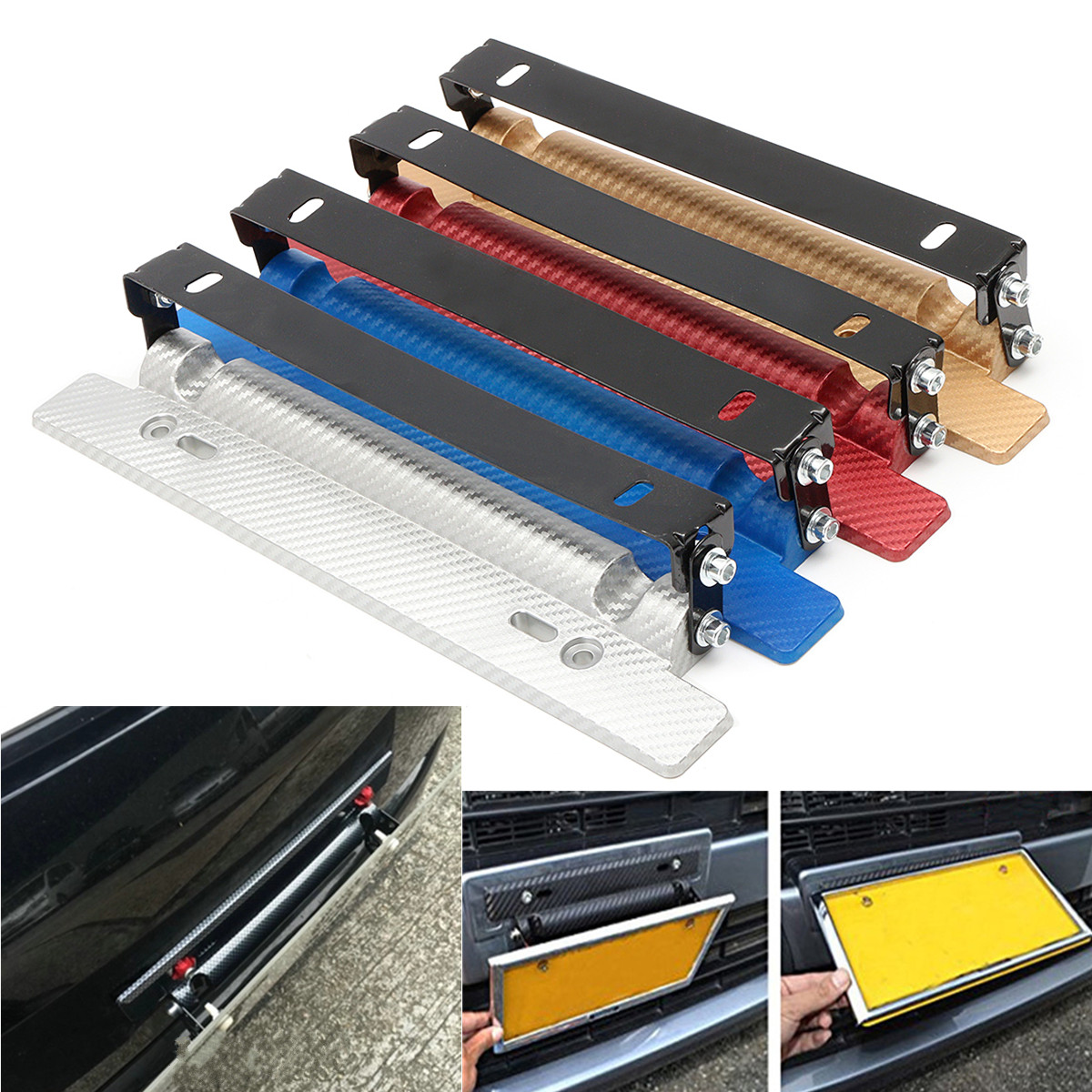 Carbon-Fiber-Style-Front-Bumper-License-Plate-Frame-Adjustable-Mount-Bracket-1812914