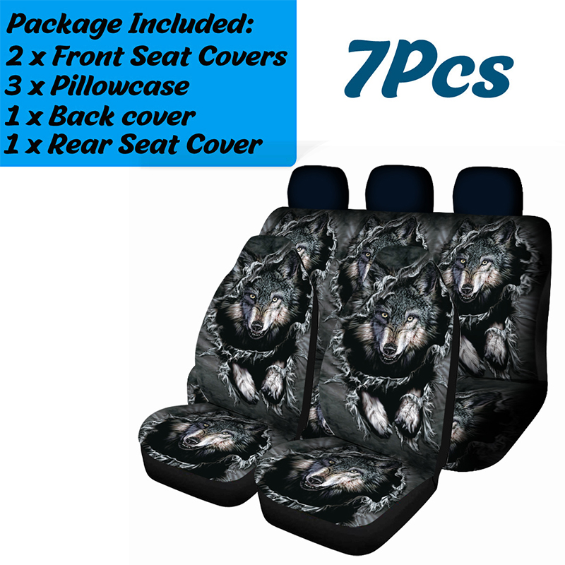 17PCS-Universal-Car-Seat-Cover-Black--White-Wolf-Design-Front--Rear-Seat-Full-Protect-1790839