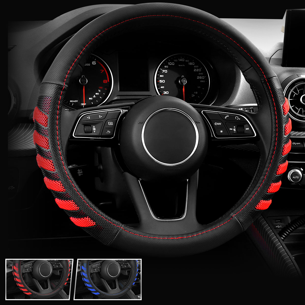 38cm-PU-Leather-Universal-Blue--Red-Car-Steering-Wheel-Cover-Hand-Pad-Buffer-1796538
